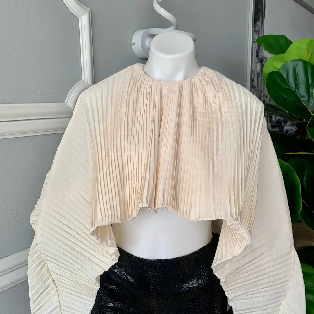 GIA Studios Plissé Taffeta Cropped Cape Top in Ivory Size Medium - Picture 4 of 12